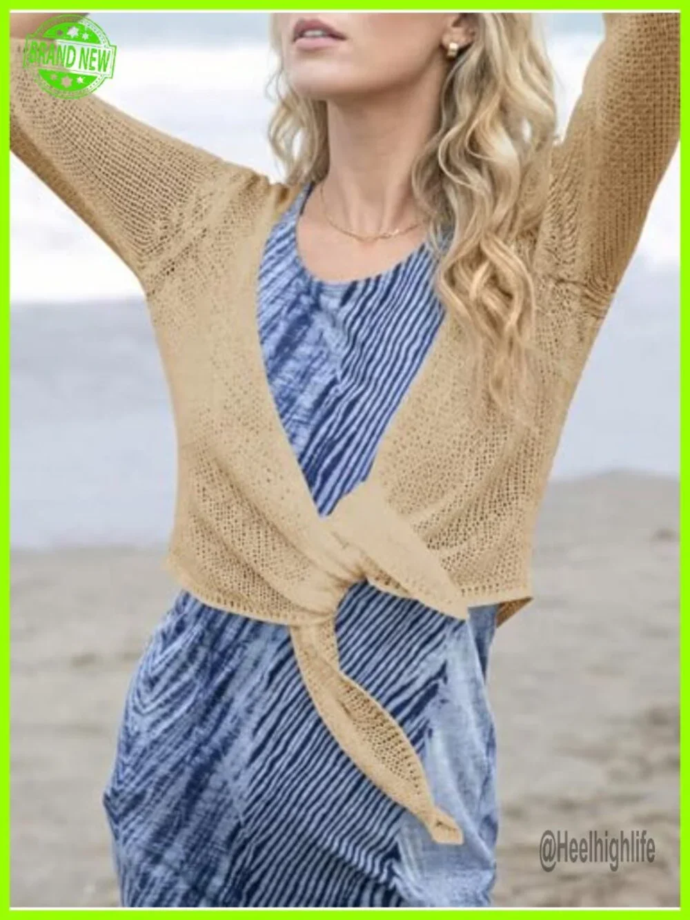 Tie Front Shrug 3/4 Sleeve Cropped Lightweight Sheer Knit Bolero Cardigan